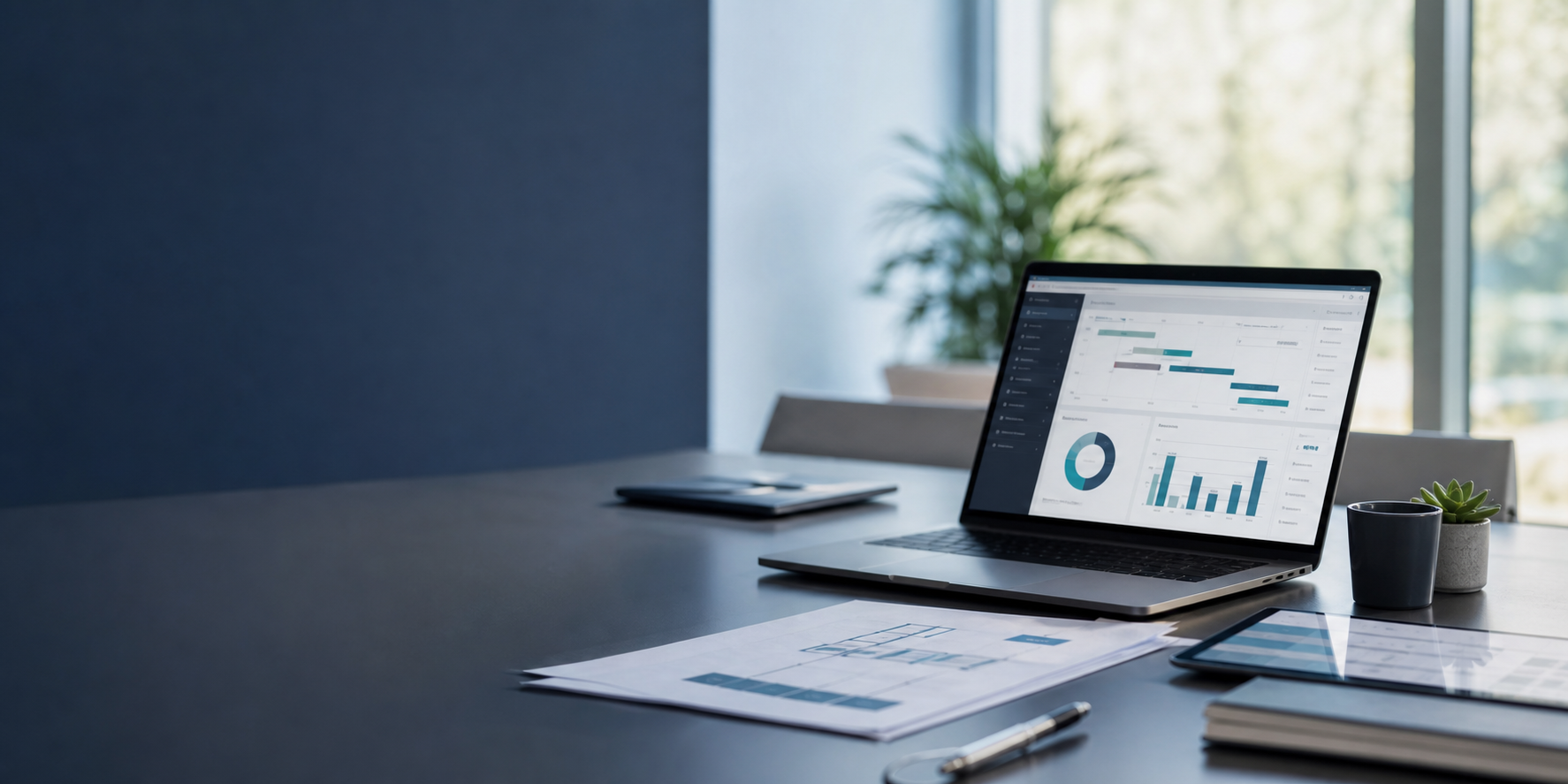 Professional consulting workspace with project dashboard on a laptop